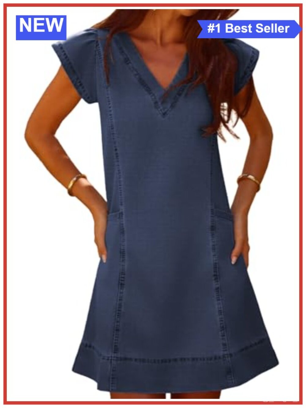 Womens Denim V-Neck Short Sleeve Mini Dress with Pockets Loose A-Line